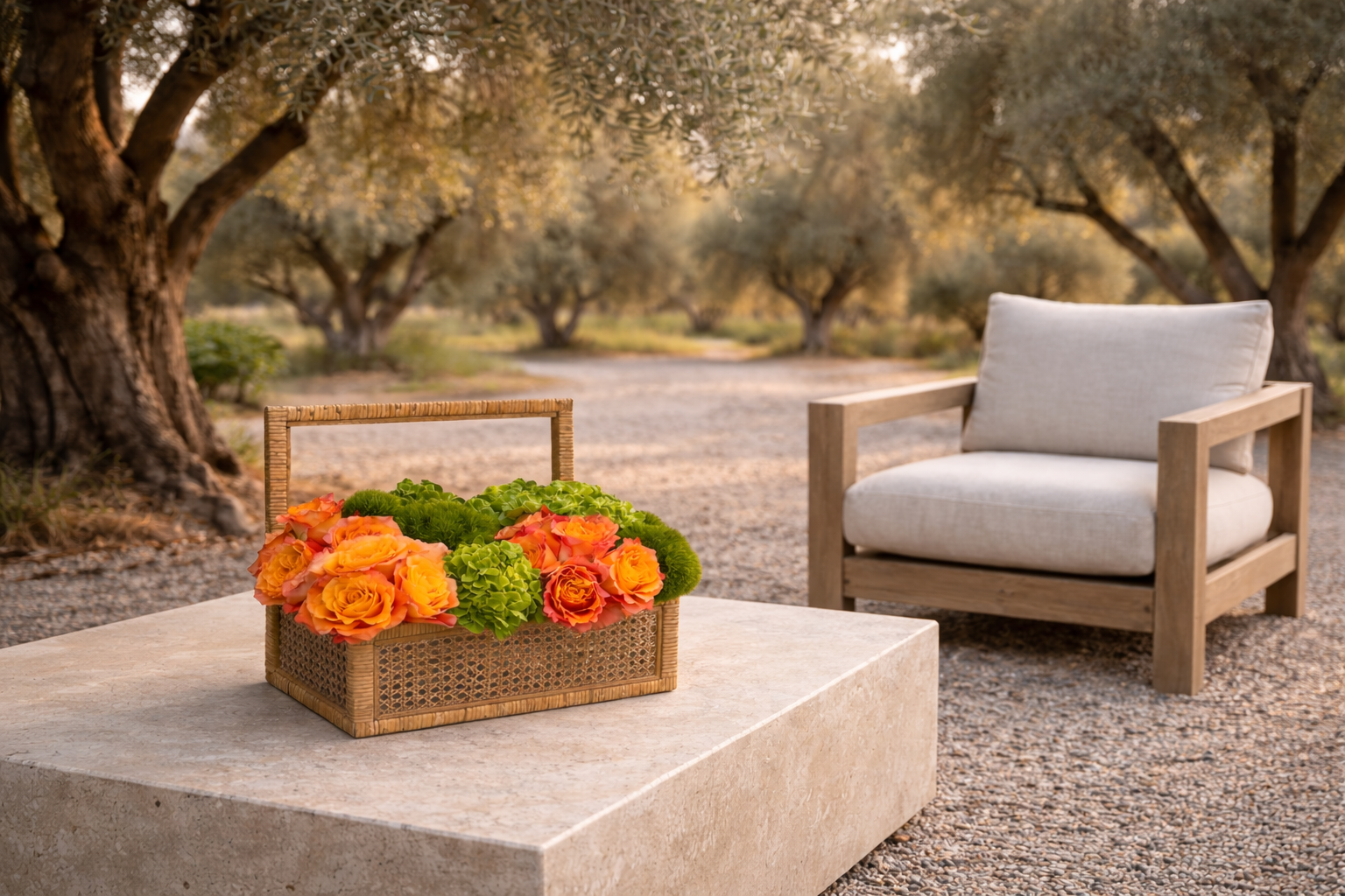 An outdoor scene with a stone table holding a basket of orange roses and green hydrangeas, a beige cushioned armchair, and a backdrop of trees and dirt ground in warm sunset lighting.