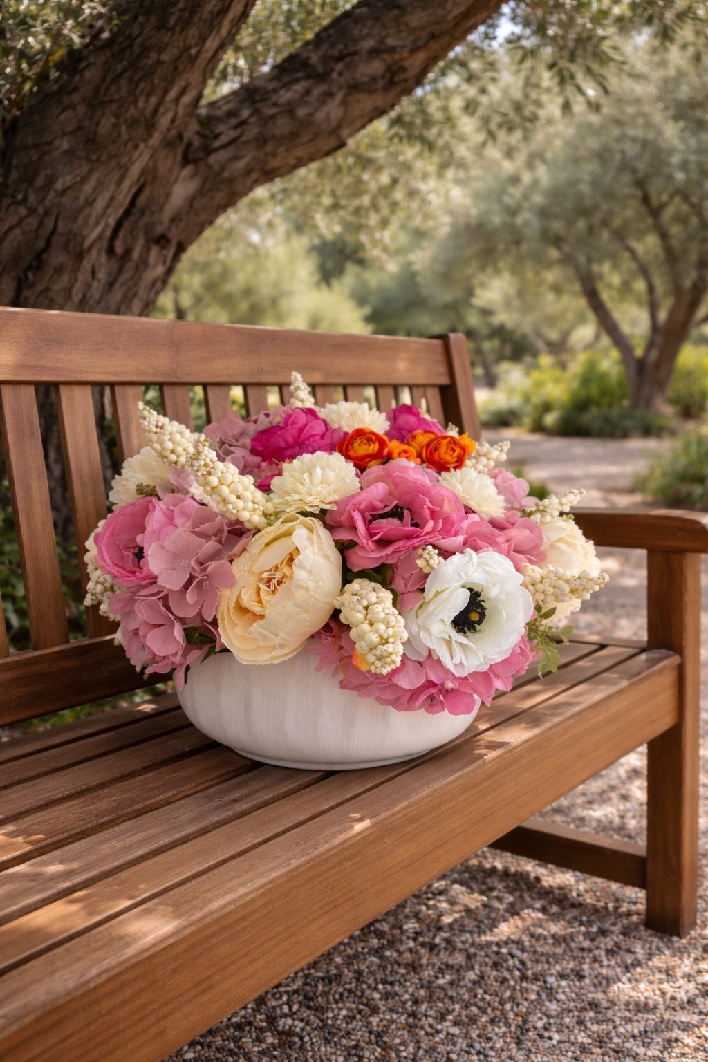 A bouquet of pink, white, and orange flowers in a white vase on a wooden bench outdoors in a park with trees and greenery.