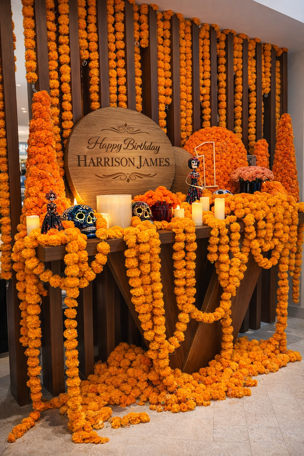 A festive altar decorated with orange marigold flowers, candles, skull decorations, and a sign that reads 'Happy Birthday Harrison James.' The background features vertical wooden slats adorned with marigold garlands.