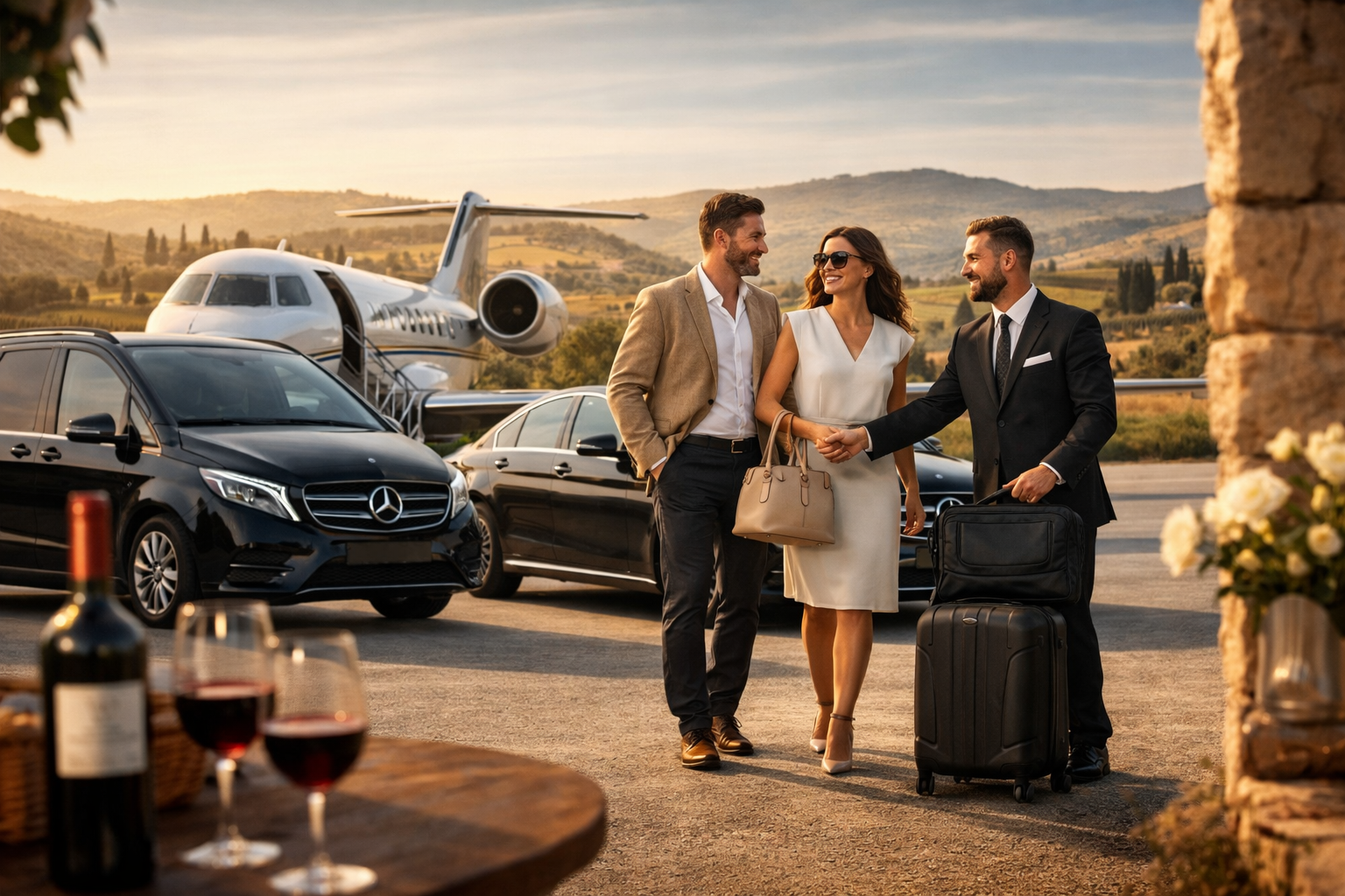 Tre persone sorridenti che si salutano davanti a un jet privato e due auto di lusso, con una bottiglia di vino e due bicchieri di vino rosso sul tavolo in primo piano, in un paesaggio collinare al tramonto.