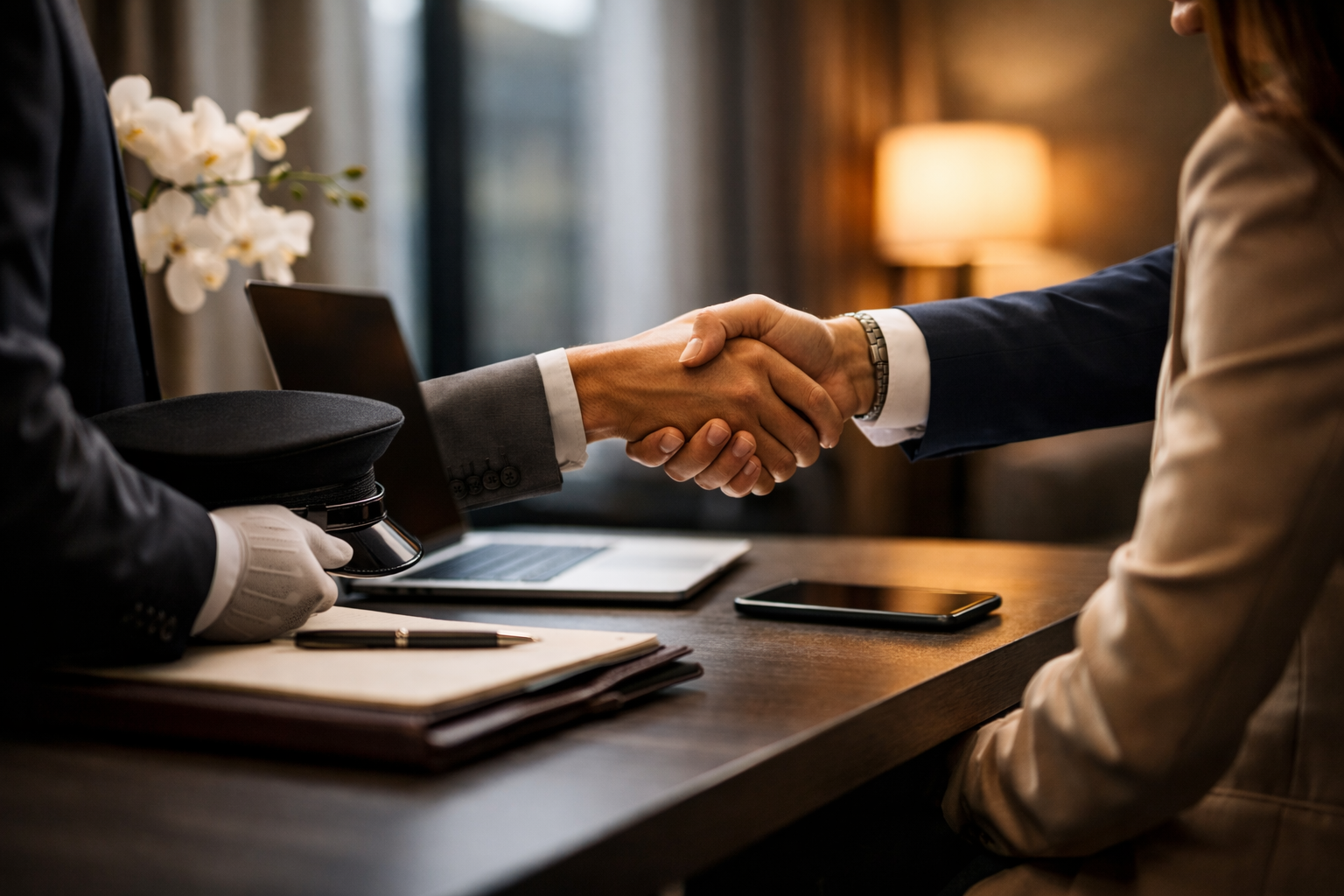 Due persone si stringono la mano in un ambiente d'ufficio, con un tavolo che ha un portatile, un bloc-notes, una penna, un cellulare, e un cappello nero, mentre sullo sfondo ci sono una lampada da tavolo e una pianta di orchidee