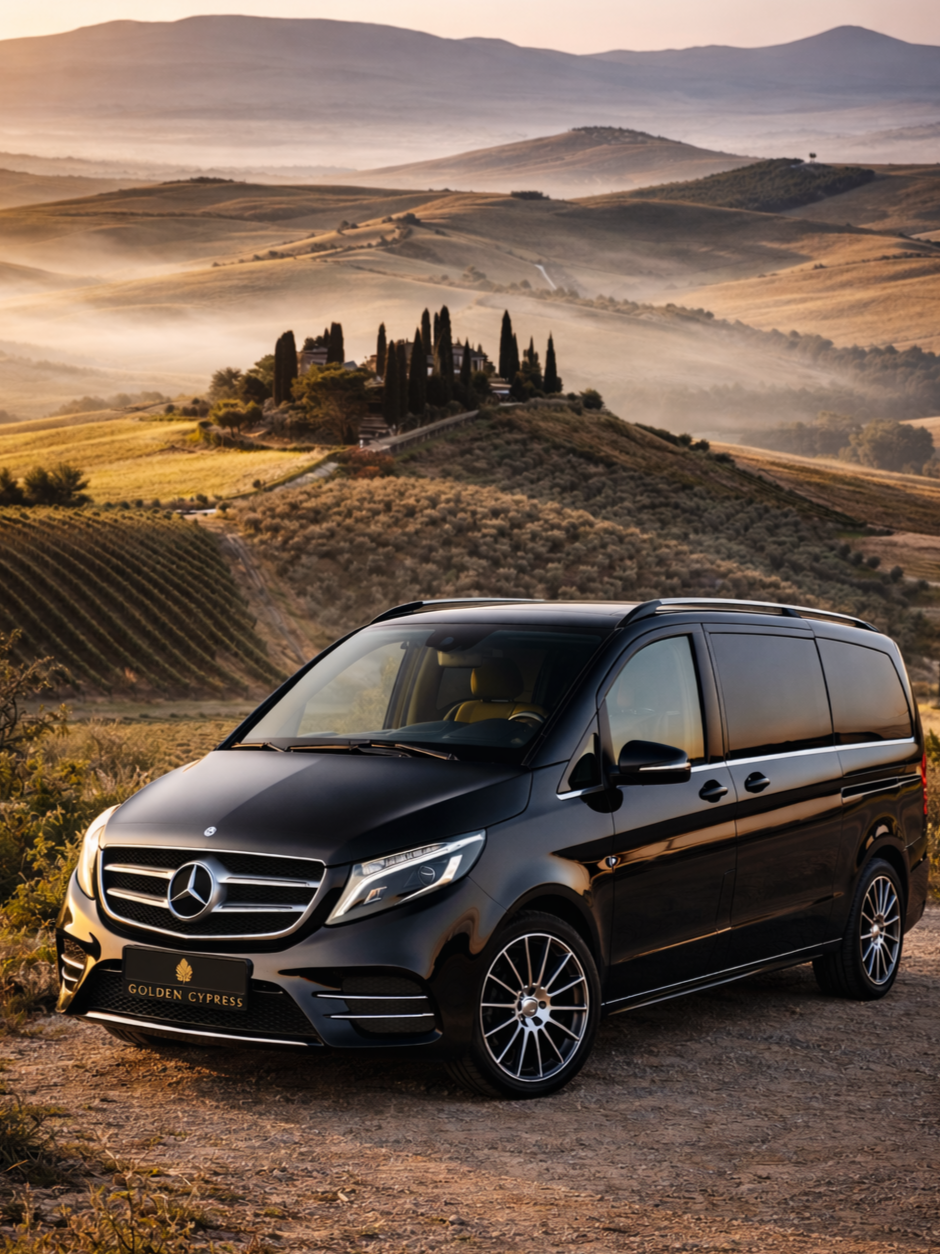 Auto nero Mercedes-Benz Van in un paesaggio collinare con vigneti e cipressi al tramonto.