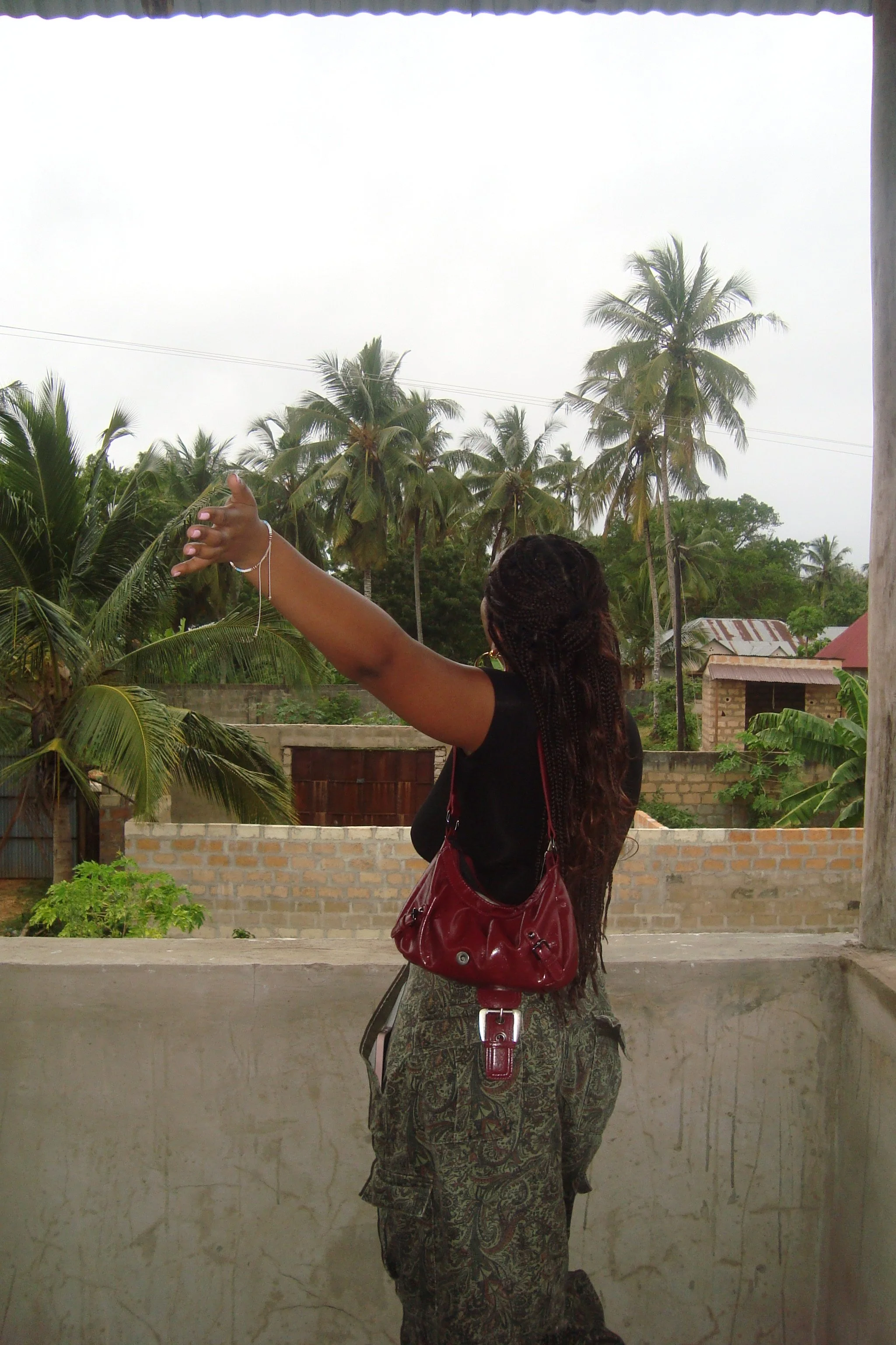 A woman with braided hair, wearing a black shirt and patterned pants, stands on a balcony with her arm extended outward, overlooking a lush tropical landscape with palm trees and houses under an overcast sky.