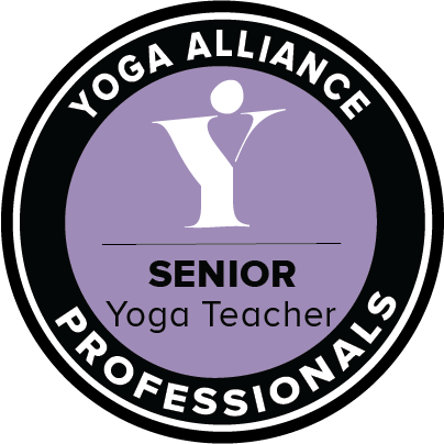 YOGA ALLIANCE SENIOR Yoga Teacher badge with black outer ring, white text, and purple inner circle