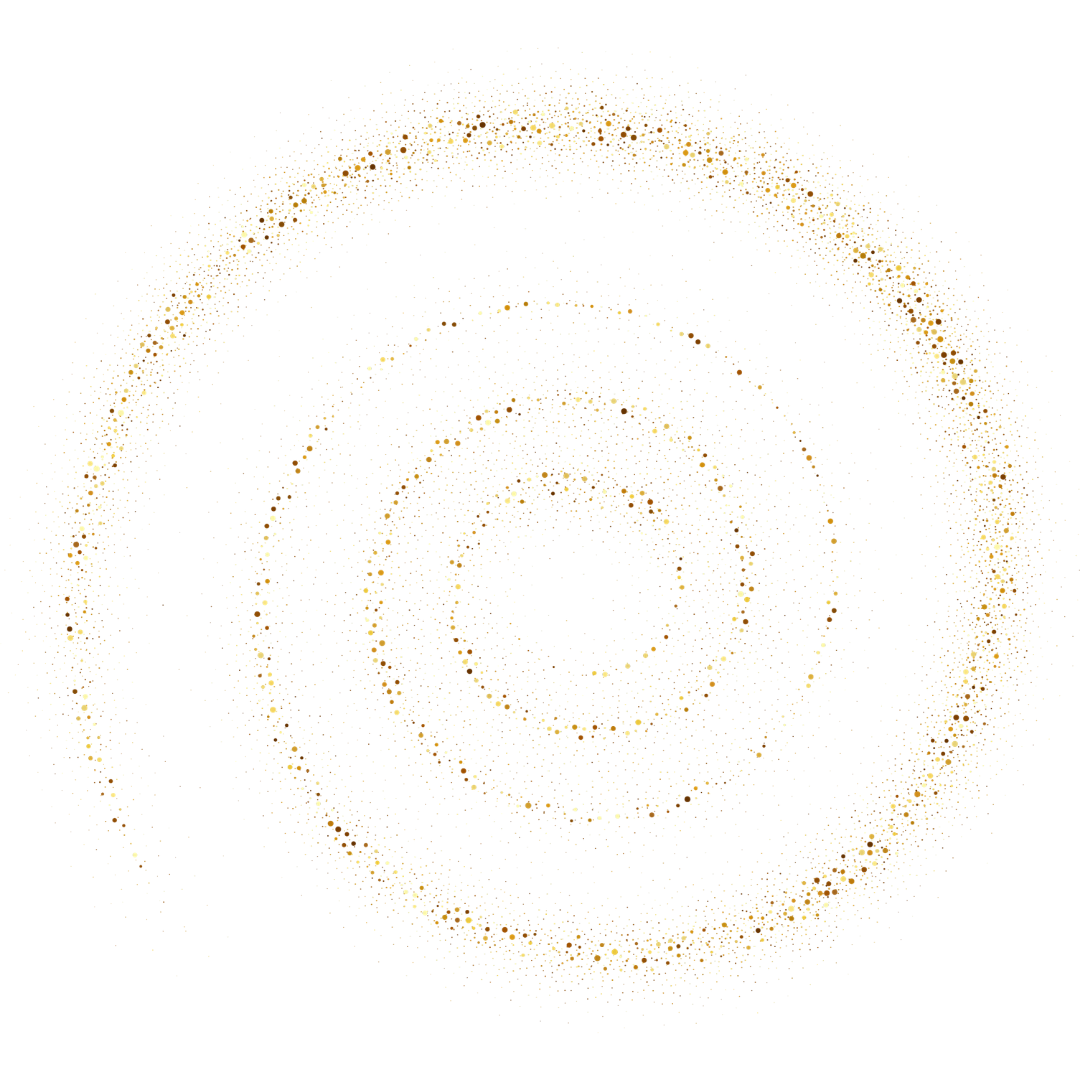 Spiral pattern of golden glitter particles on a black background creating an abstract swirling design.