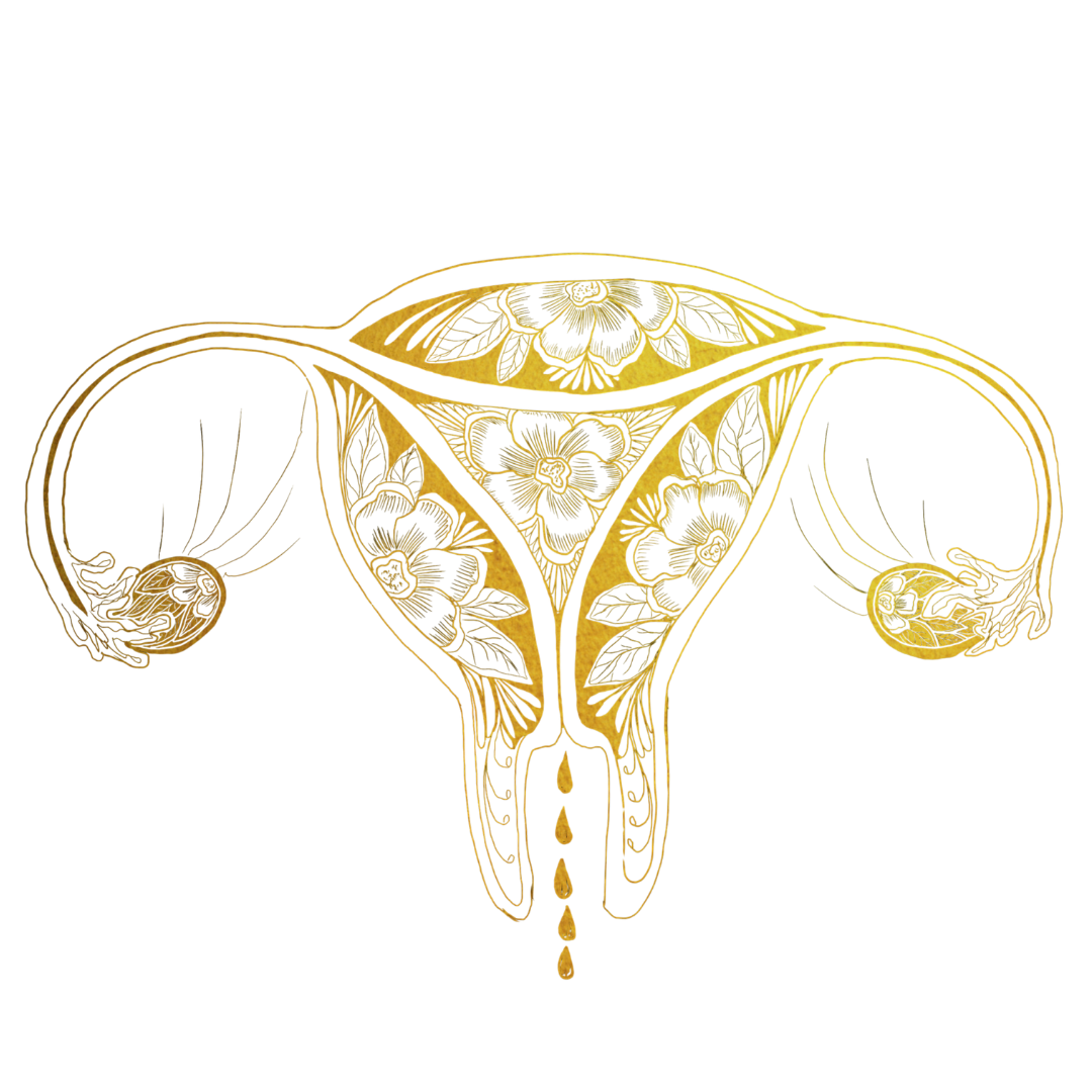 Gold outline of a uterus with floral patterns on a black background.
