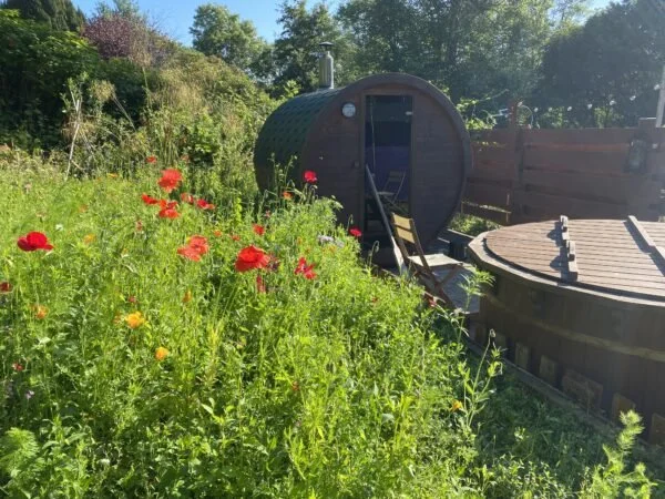 A garden with colorful flowers, including red poppies and yellow blooms, next to a wooden barrel hot tub and a small, dark green metal sauna with a chimney, in a backyard with trees and shrubbery.
