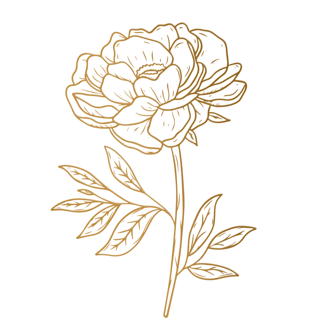 Gold outline drawing of a single rose with leaves on a black background.