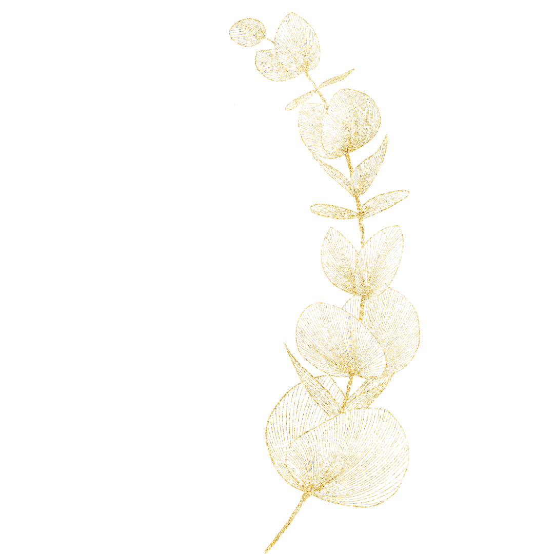 Gold-colored leaf and flower illustration on a black background.