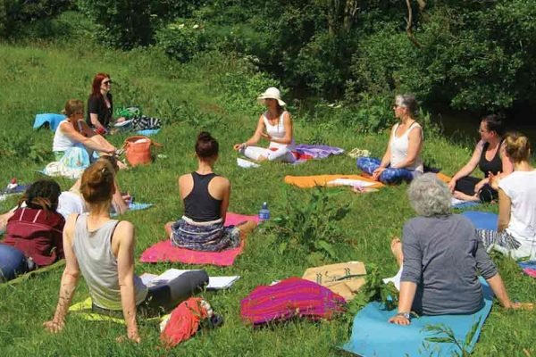 Group of people practicing yoga outdoors on a grassy field surrounded by trees.