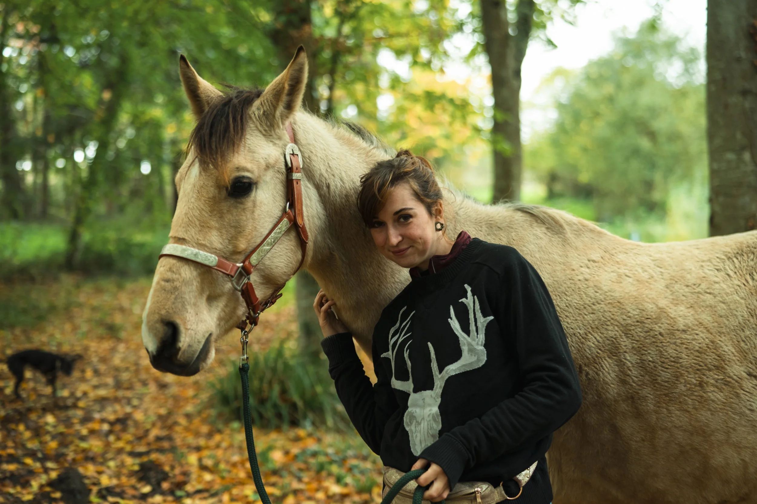 Une femme et un cheval dans une forêt aux couleurs d'automne.