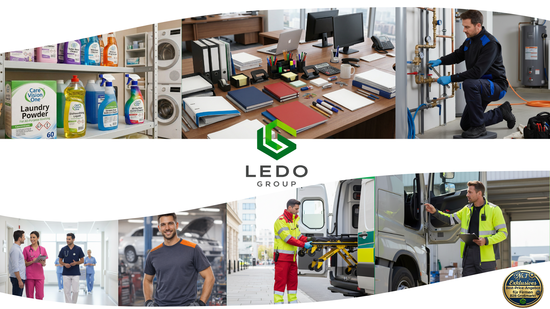 Collage aus Bildern von verschiedenen Berufssituationen bei Ledo Group, inklusive Reinigung, Büroarbeit, Klempnerarbeiten, medizinischem Personal, Auto Mechanik, Notfallmedizin und Kurierdiensten, mit dem Ledo Group Logo in der Mitte.
