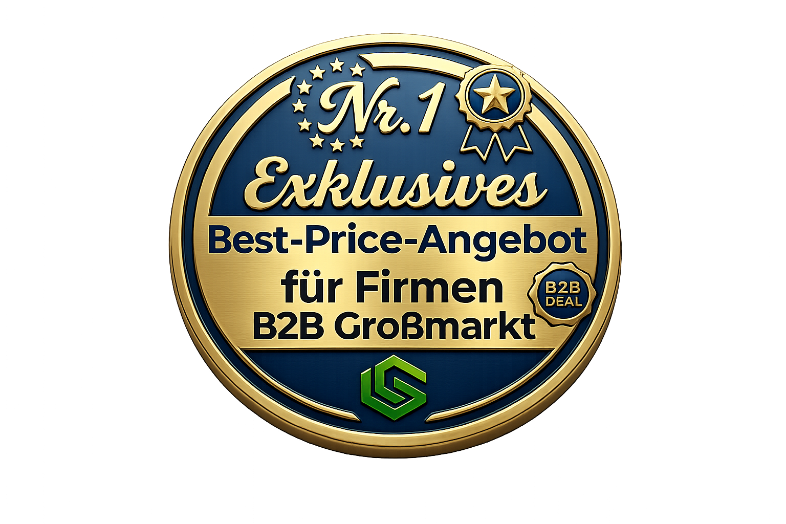Ein runder gold- und dunkelblauer Aufkleber mit Sternen und einem Badge. Text: "Nr. 1 Exklusives Best-Price-Angebot für Firmen B2B Großmarkt" sowie ein grünes Logo am unteren Rand.