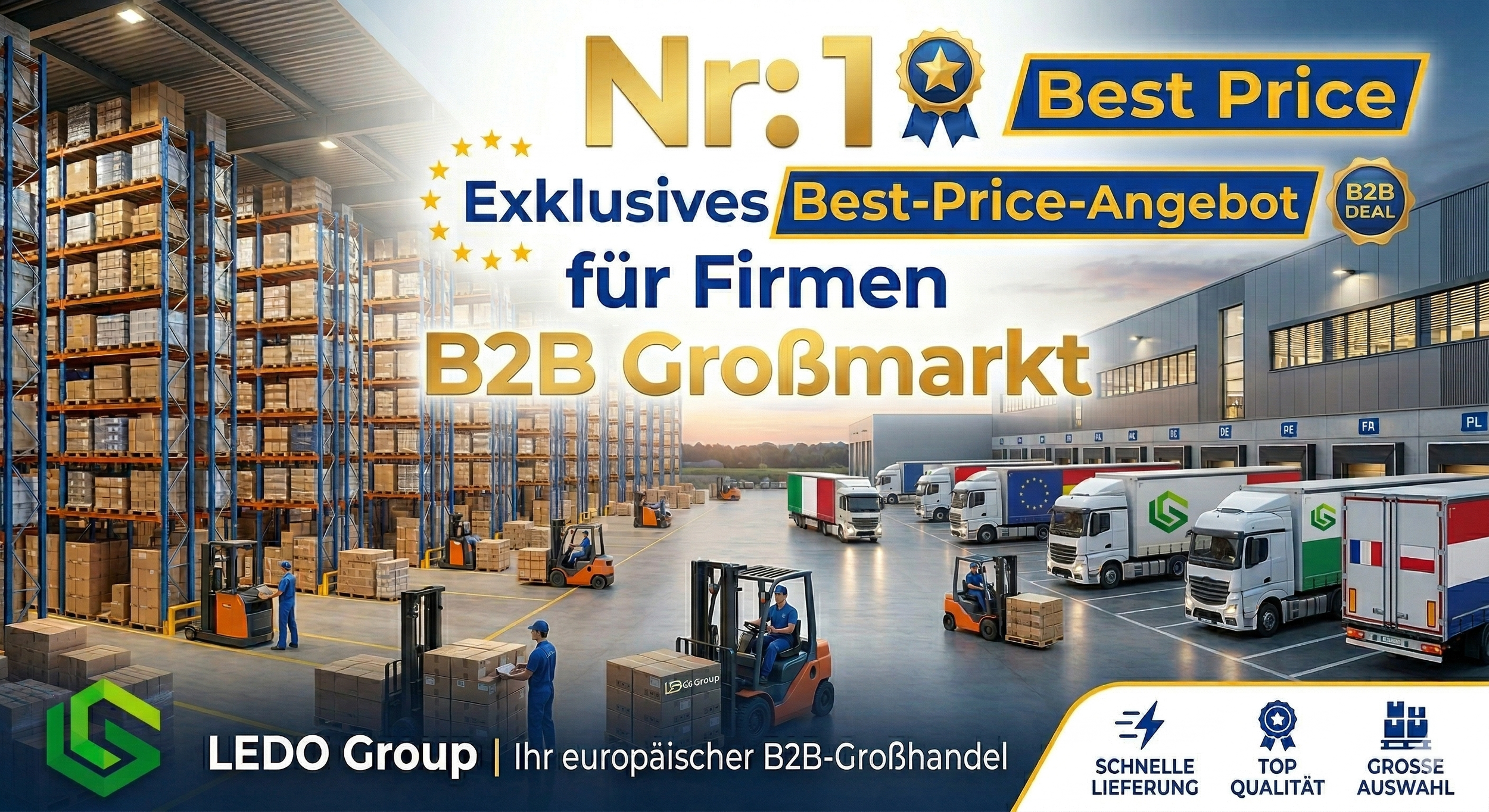 Lagerhalle mit Regalen voller Kartons, Lkw im Laderampe Bereich, Gabelstapler und Arbeiter mit Paketen, Firmenlogo LEDO Group, Werbung für Großhandel mit Texten wie Nr.1 Best Price, Exklusives Angebot für Firmen, B2B Großmarkt, Schnelle Lieferung, Top Qualität, Große Auswahl.