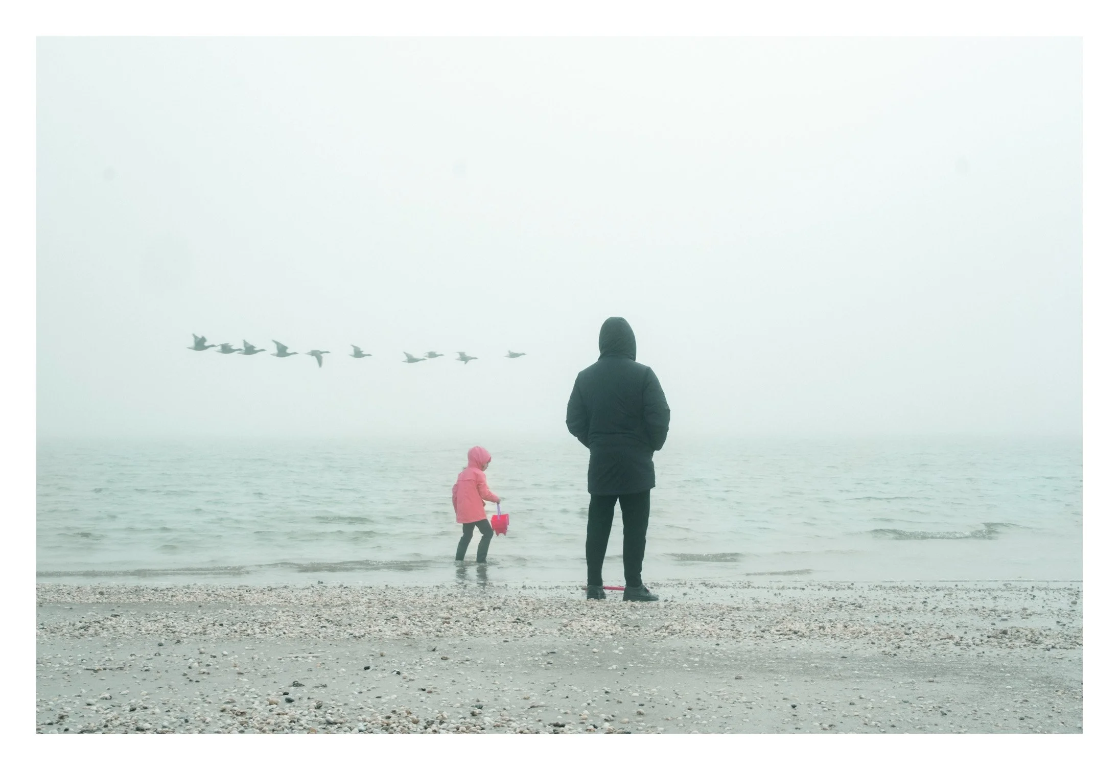 Une personne habillée en noir et un enfant en rose jouent sur la plage, avec des oiseaux en vol dans le ciel brumeux et une mer calme.