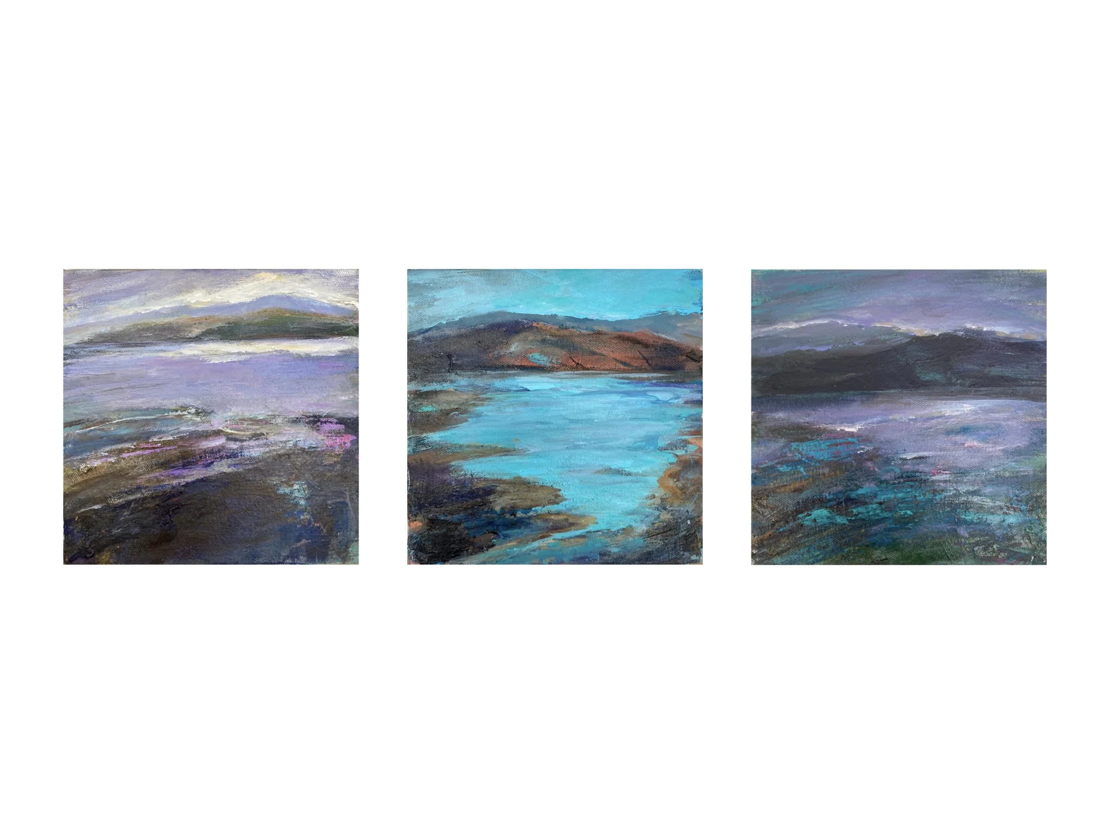 1. Light-filled Horizon   2. Turquoise Sea and Sky   3. Peaceful Moments  --  Acrylic on canvas (20.4 x 20.4 cm)