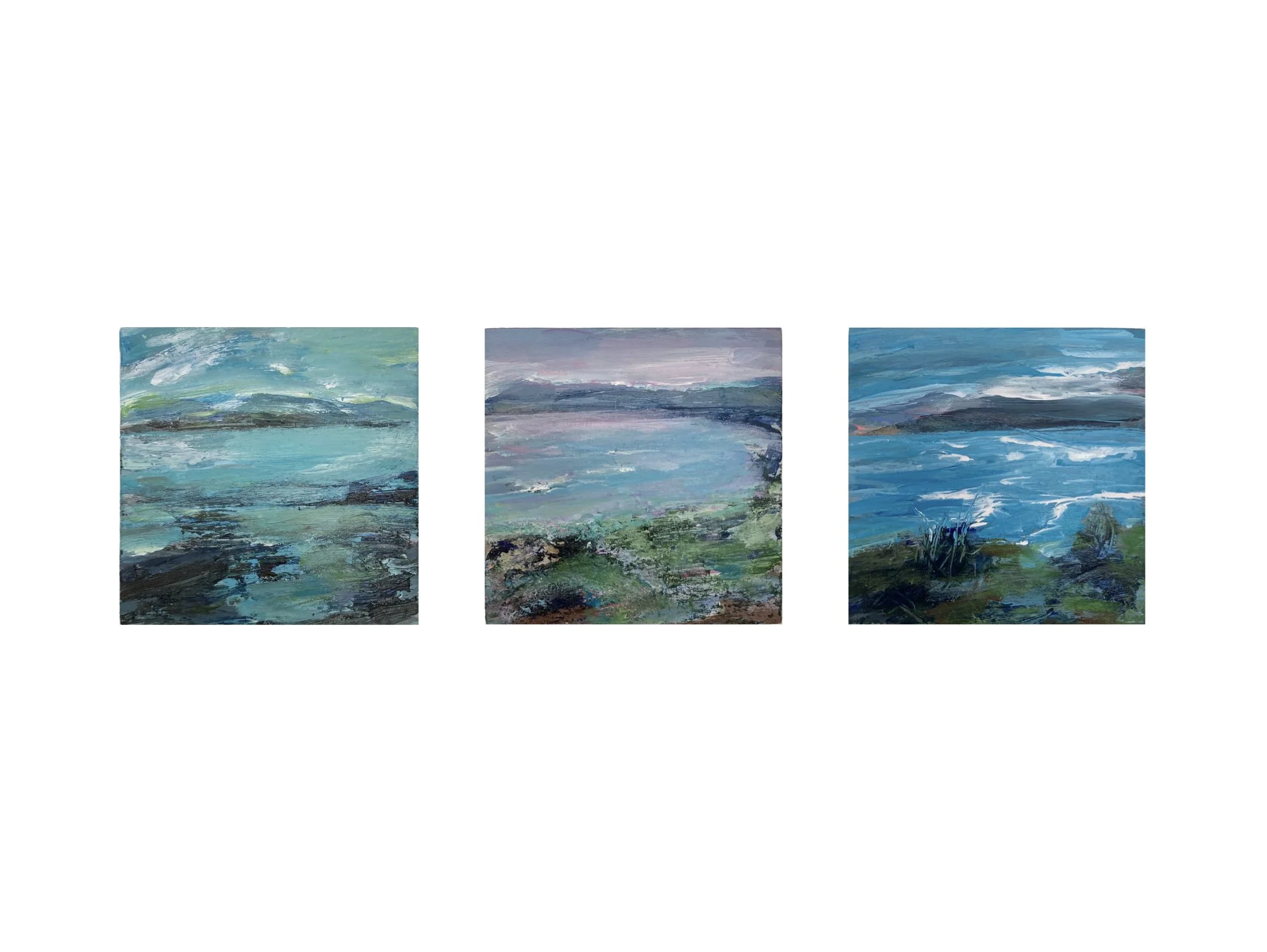 1. Mountains and Clouds   2. Pink Sky in the Distance   3. Windblown  --  Acrylic on gesso panels (15.25 x 15.25 cm)