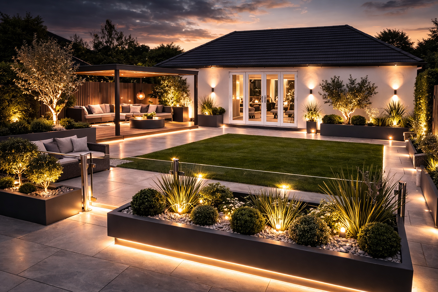 A beautifully lit backyard patio at dusk with outdoor furniture, potted plants, and a grassy area, surrounded by trees and a white house with glass sliding doors.