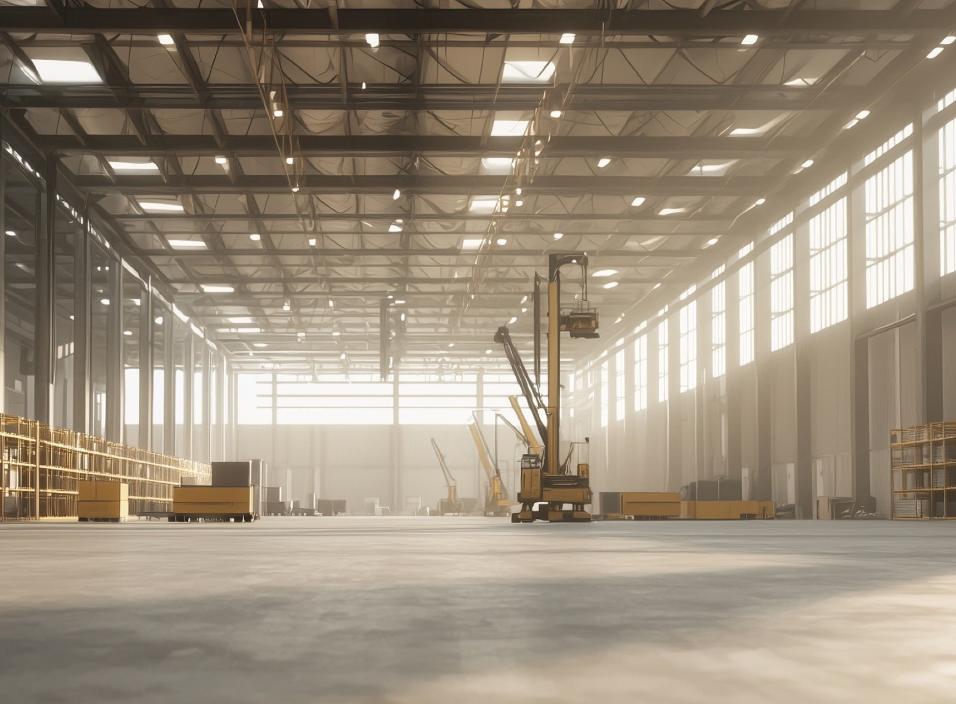 Grand entrepôt industriel avec des rayonnages, des caisses en bois, et des machines de levage à bras articulé, éclairé par la lumière naturelle entrant par de grandes fenêtres.