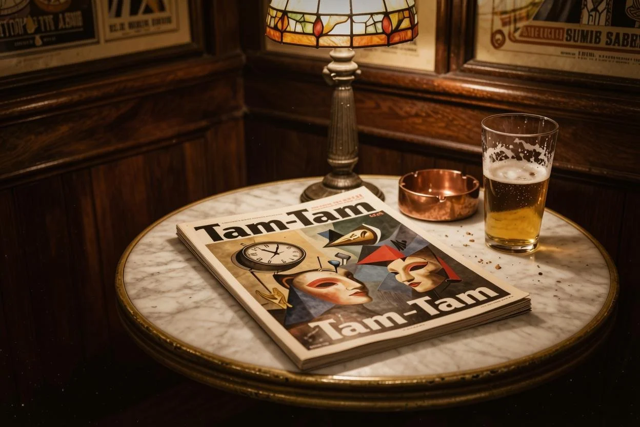 A round marble-topped table in a dimly lit pub, with a magazine titled "Tam-Tam," a glass of beer, a small copper dish, and a vintage-style stained glass table lamp.