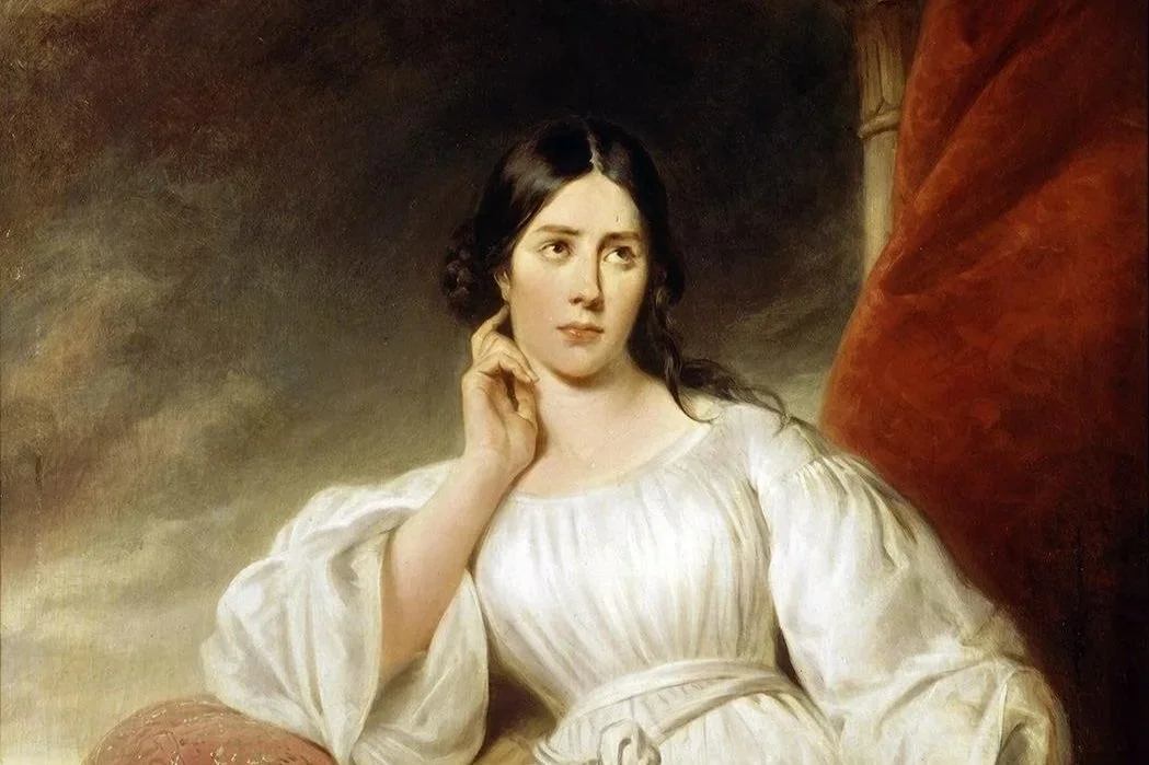 A classic oil painting of a young woman with dark hair, wearing a white gown, sitting indoors next to a large red curtain, with a thoughtful expression.