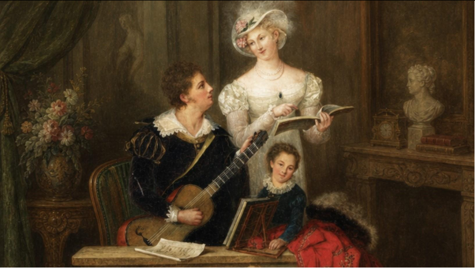 A painting of three women in a richly decorated room. One woman is seated and playing a guitar, another is standing and reading a book, and a young girl is sitting and looking at a book. The room features a fireplace with a bust and books on top, as well as a vase of flowers and ornate curtains.