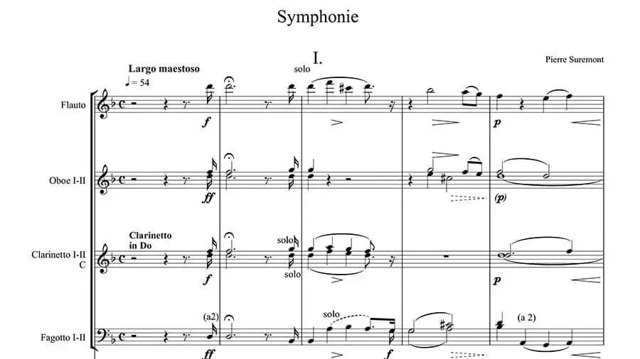 Sheet music titled 'Symphonie' by Pierre Sueurmont, with a tempo marking of Largo maestoso, featuring parts for flute, oboe, clarinet, and bassoon.