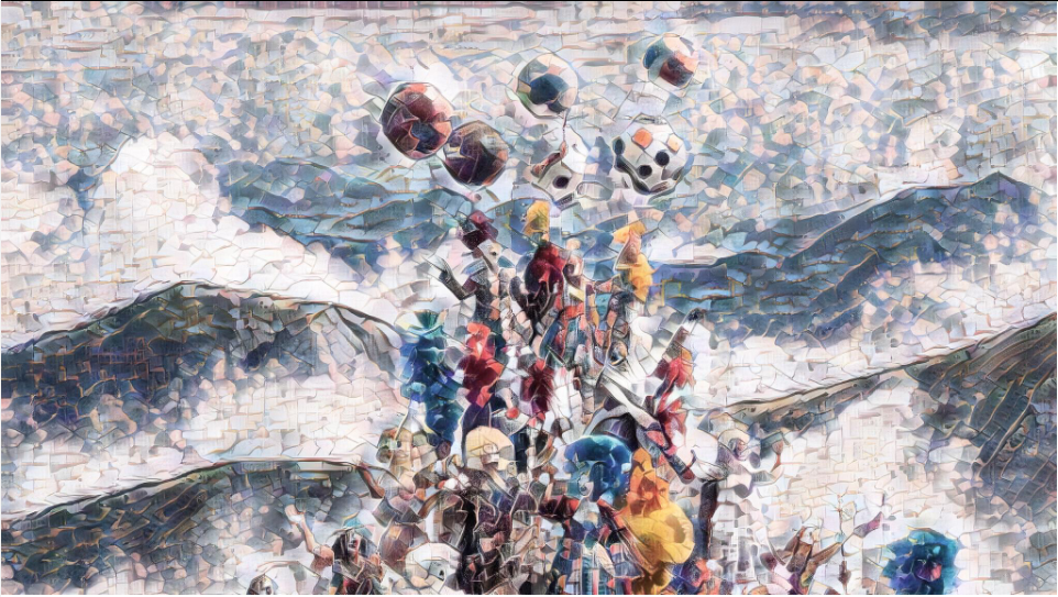 Group of people on a mountain peak celebrating with balloons and flags.