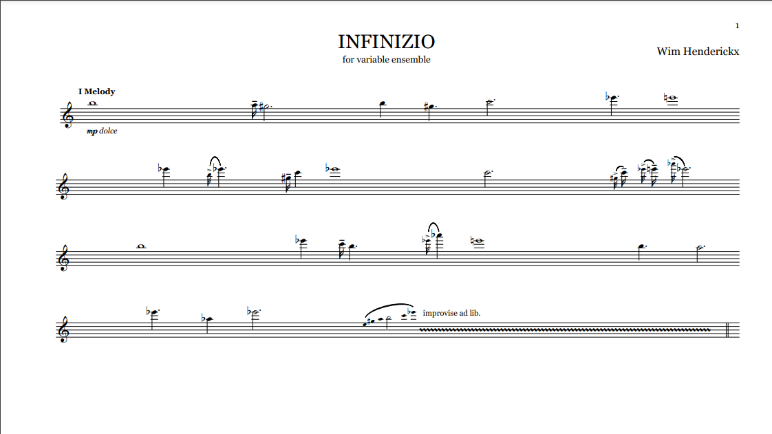 Music sheet titled 'INFINIZIO' by Wim Henderickx, labeled as 'for variable ensemble', with musical notes and annotations.