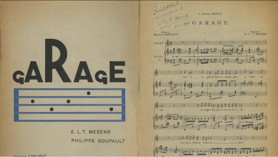 Open book displaying the cover page and sheet music of a vintage music book titled 'Garage' by E. L. T. Mesens and Philippe Soupault, with handwritten notes in blue ink on the sheet music page.