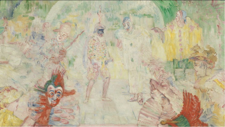 Watercolor painting of a group of clowns and performers at a circus, with some standing and others seated, colorful costumes, and a cheerful atmosphere.