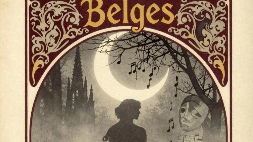 Cover art for a book or music album titled 'Belges,' featuring a silhouette of a person looking at a mysterious face mask or sculpture outdoors at night, with a large crescent moon, trees, and musical notes.