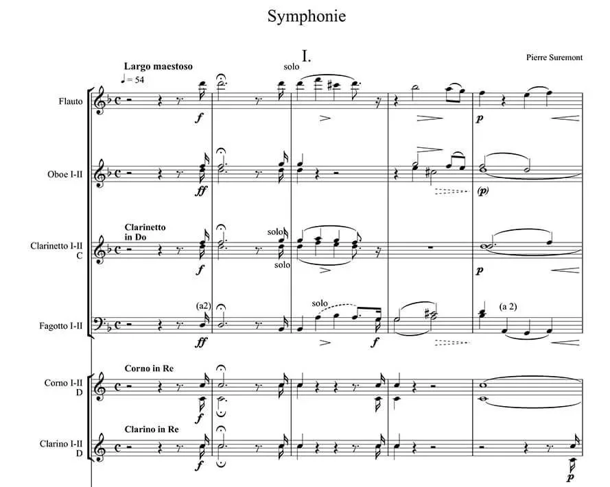 Page of symphony sheet music titled "Symphonie" composed by Pierre Sumeront. The music includes parts for flute, oboe, clarinet, bassoon, and horns, with tempo marking "Largo maestoso".
