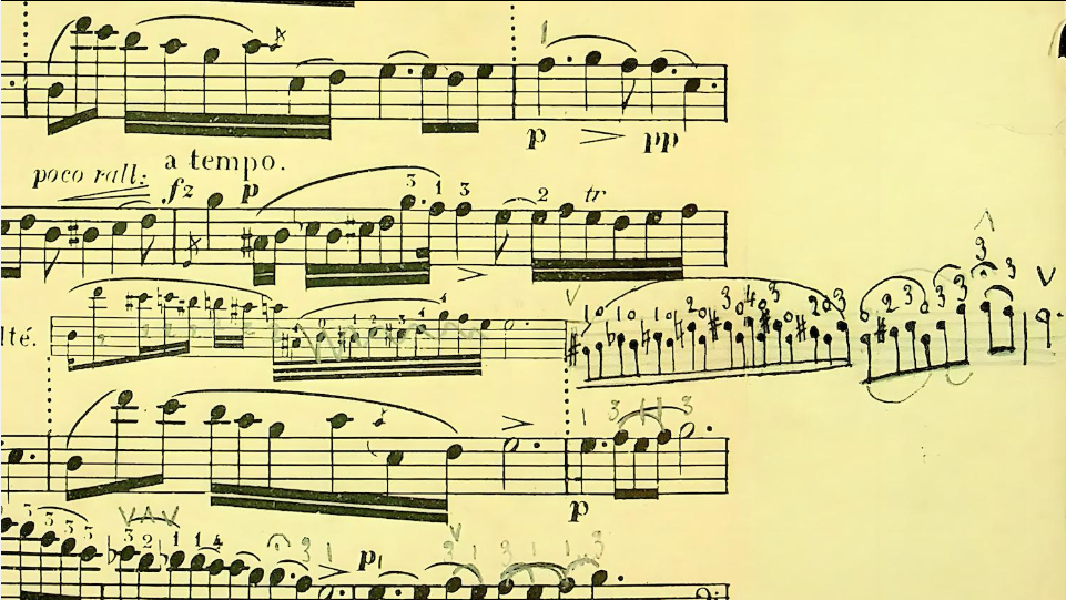 A close-up image of handwritten sheet music with musical notes, annotations, and markings on yellowed paper.