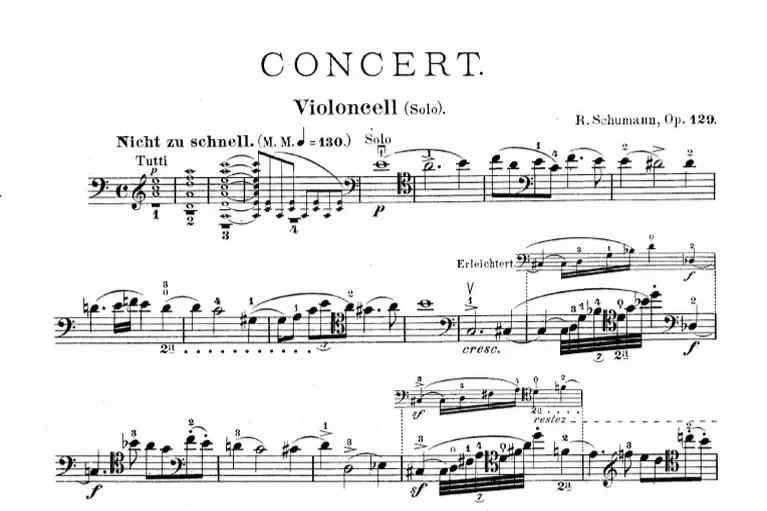 Sheet music titled 'CONCERT' for solo cello, composed by R. Schumann, Op. 129, with tempo marking 'Nicht zu schnell'.