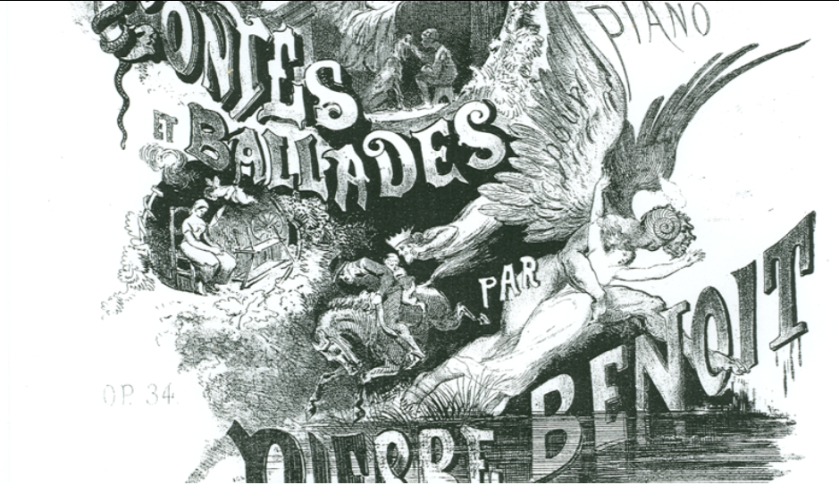 A vintage black and white illustration for a theatrical performance titled 'Contes et Ballades par Pierre Benoît', depicting a flying horse and performers, with elaborate text and artistic details.