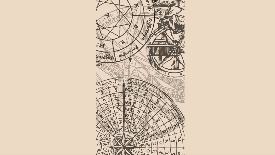 A complex collection of astronomical charts, zodiac symbols, and illustrations, including a figure in a robe, accompanied by scientific and astrological markings.