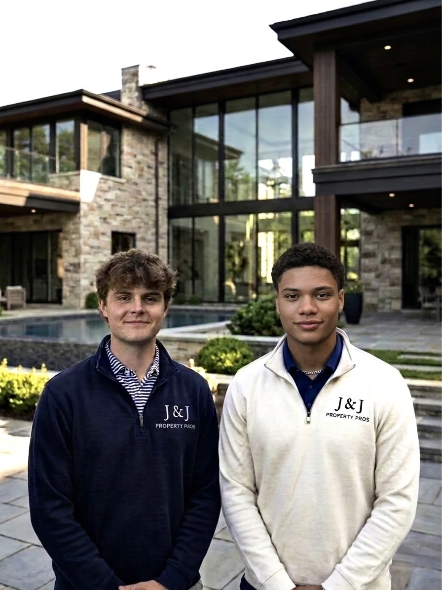 Two young men standing outdoors in front of a modern house with large glass windows and stone and wood exterior, labeled as property pros.