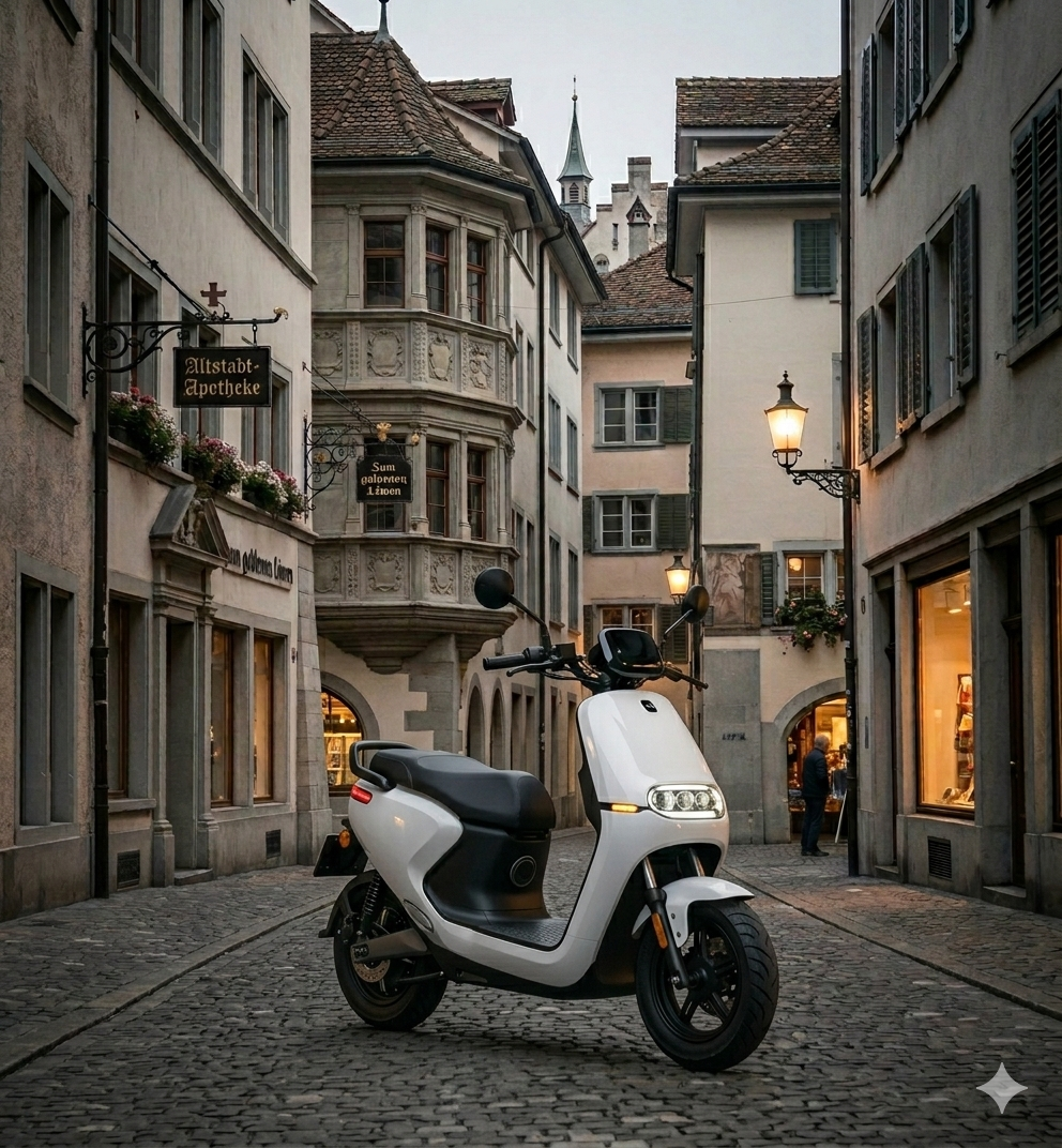 Schwarzer E-Roller auf Kopfsteinpflaster in der Zürcher Altstadt Niederdorf.