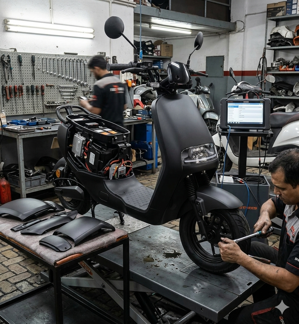 E-Roller Reparatur in der Werkstatt: Mechaniker wartet schwarzen E-Scooter.