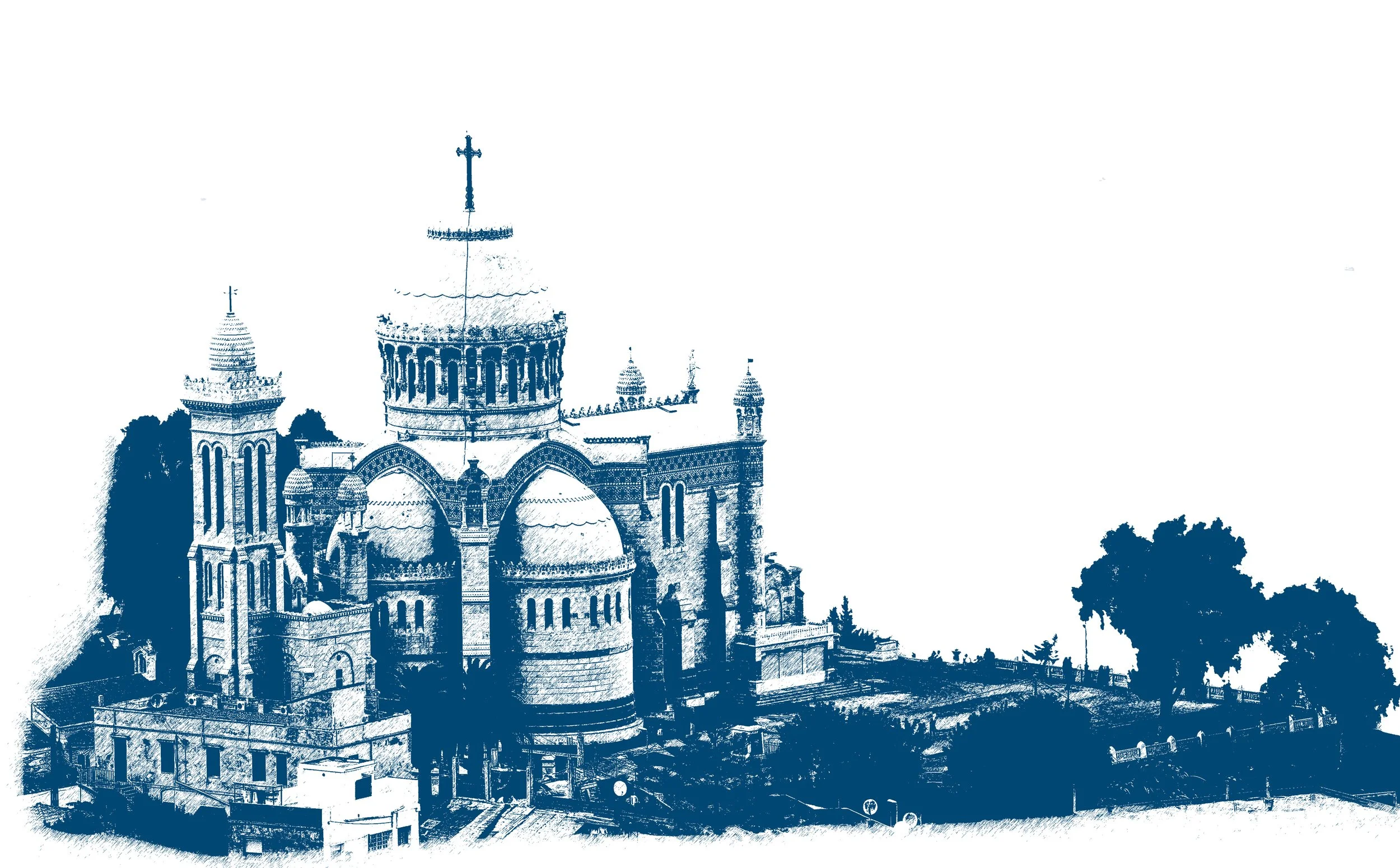 Une illustration en style monochrome bleu d'un bâtiment religieux avec des dômes et des tours, entouré d'arbres et de bâtiments environnants.