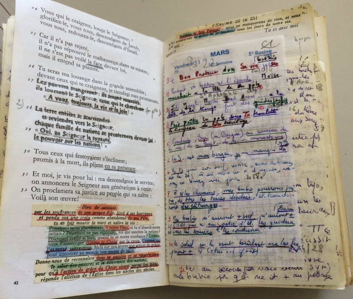 Page de livre ouverte de la Bible avec des annotations, sur la gauche, et un carnet de notes rempli de différentes couleurs de stylo avec des notes manuscrites variées sur la droite.