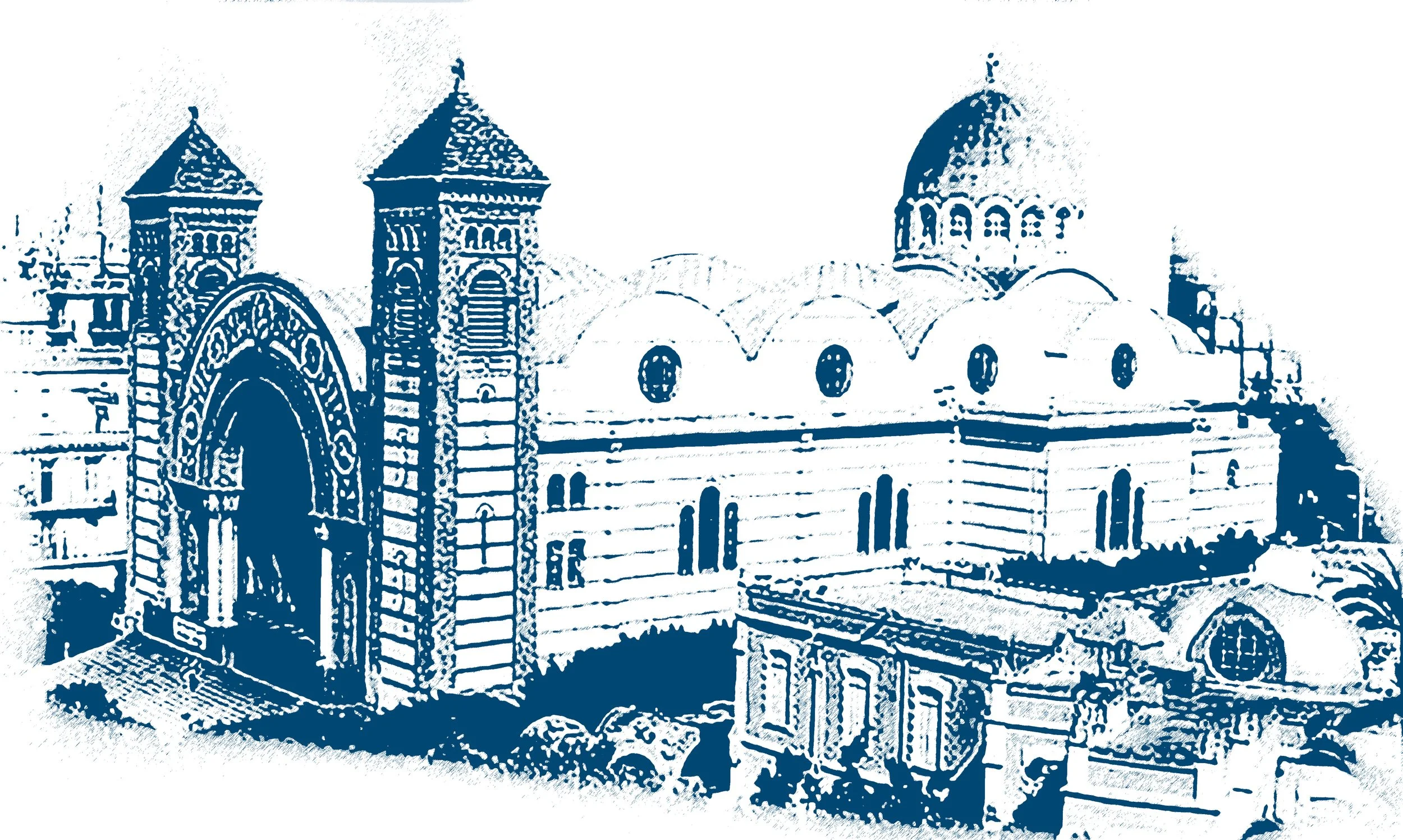 Une illustration en tons bleus d'une église ou cathédrale avec des tours, un grand portail et un dôme en arrière-plan.