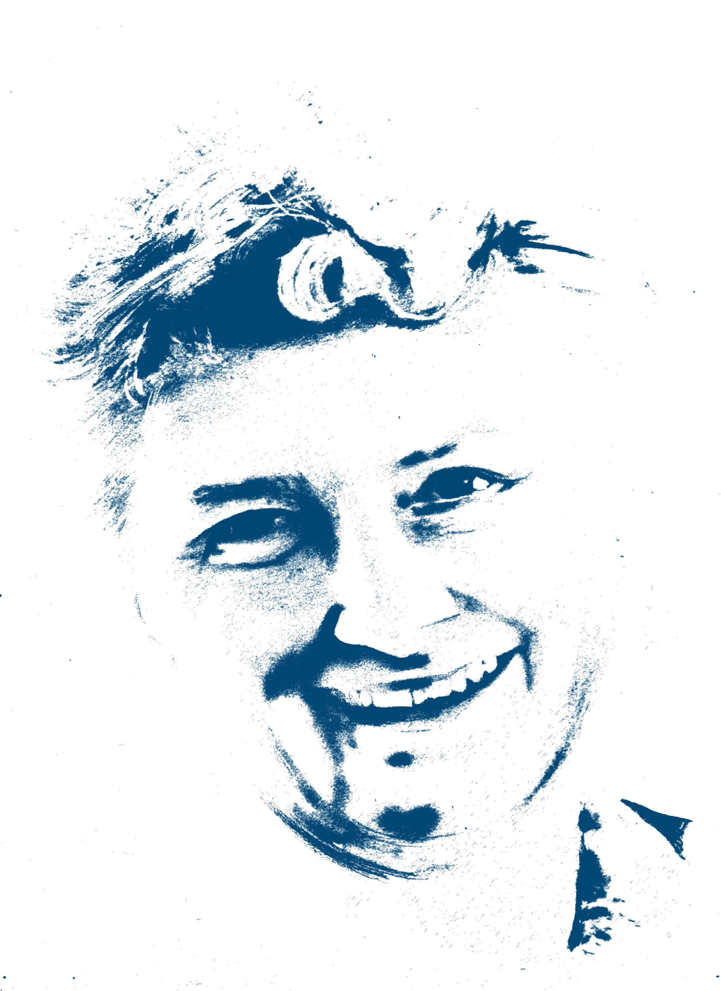 Portrait d'une femme souriante avec de longs cheveux, représentée dans un style artistique en nuances de bleu et blanc.