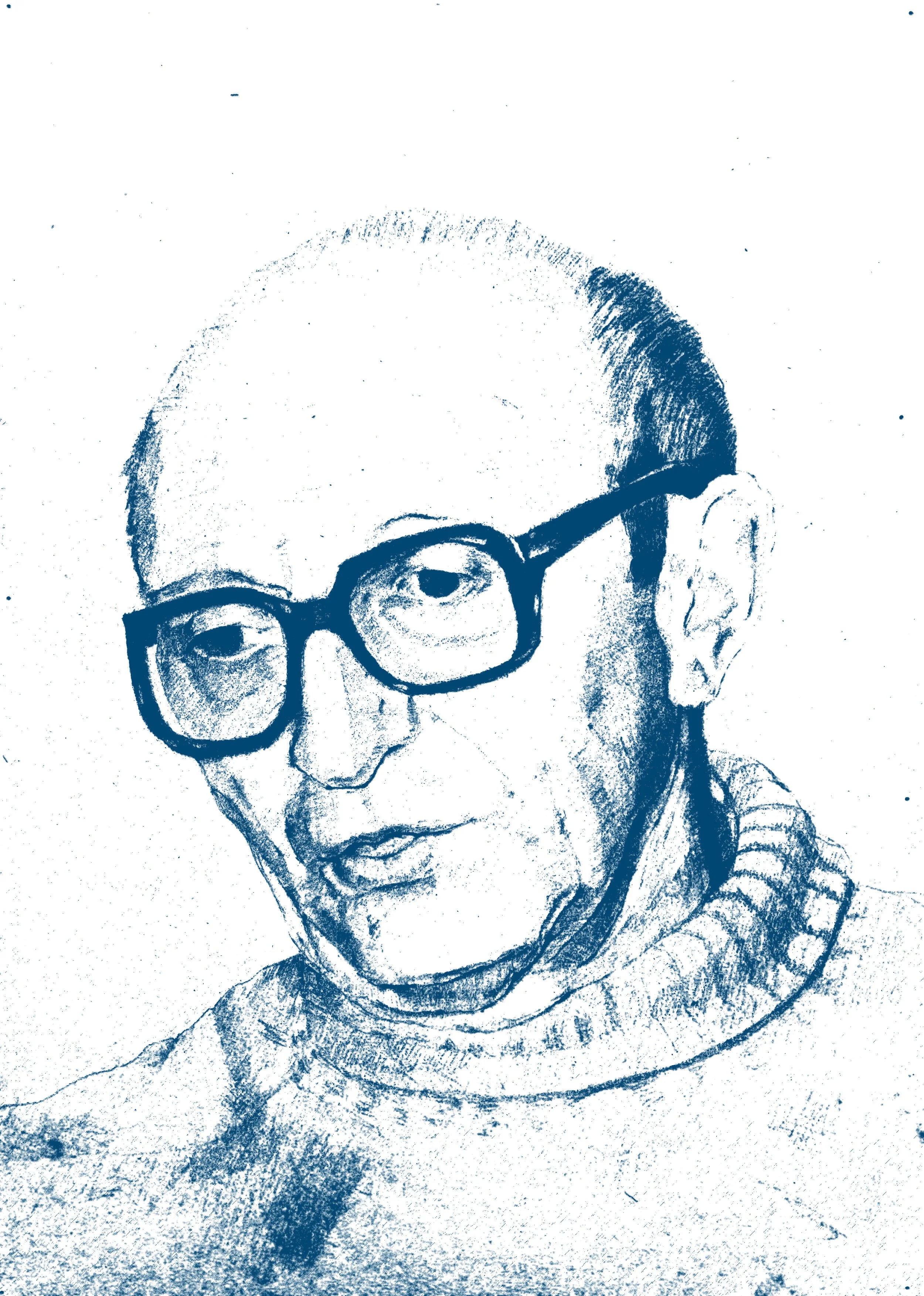 Portrait stylisé d'une personne portant des lunettes, regardant vers le haut, avec un vêtement à col.