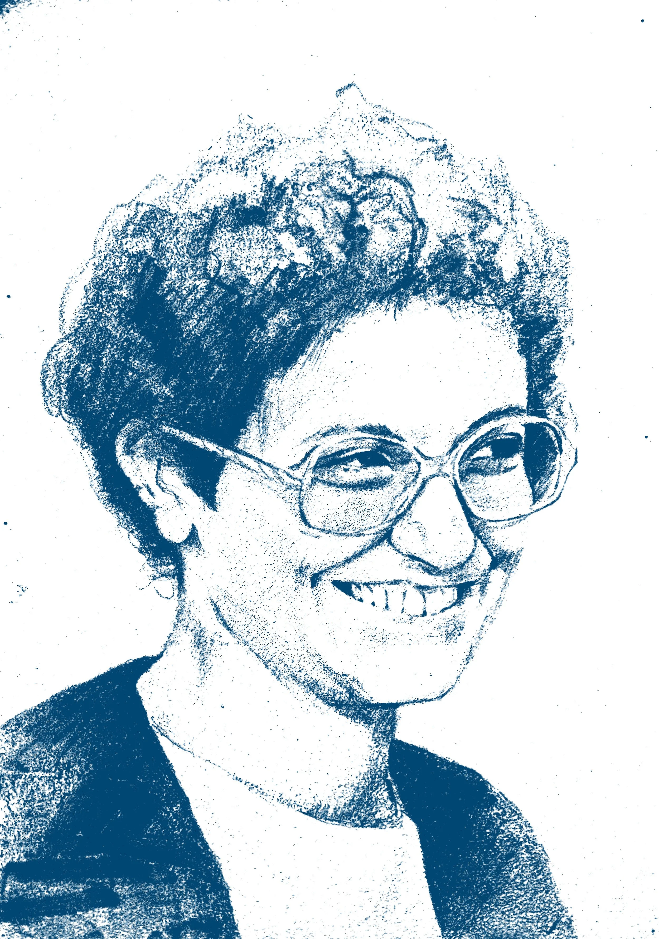 Portrait d'une femme souriante portant des lunettes, costume foncé. Style artistique en pointillé, couleur bleue.