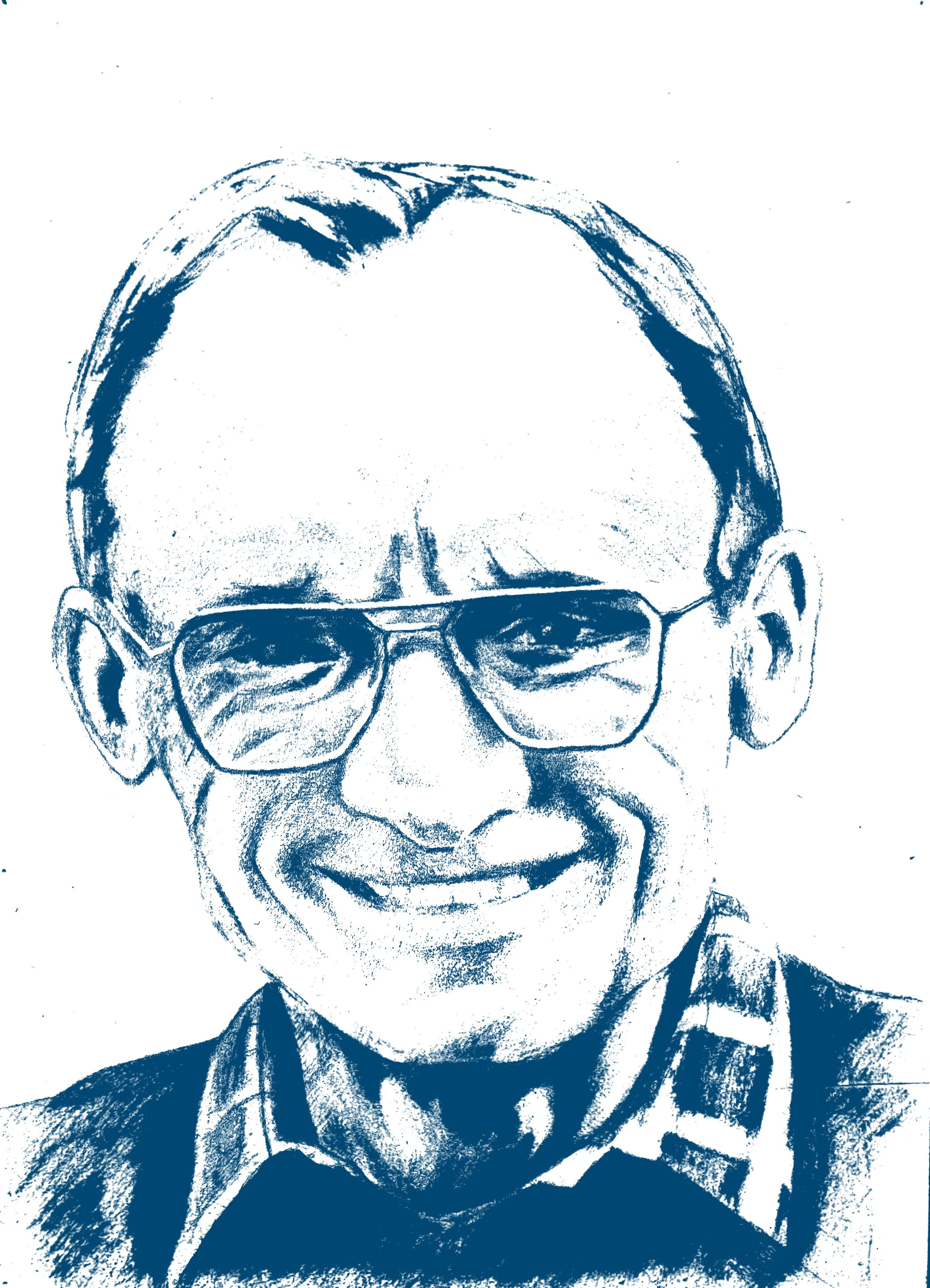 Portrait d'un homme âgé portant des lunettes, en costume et chemise, souriant.