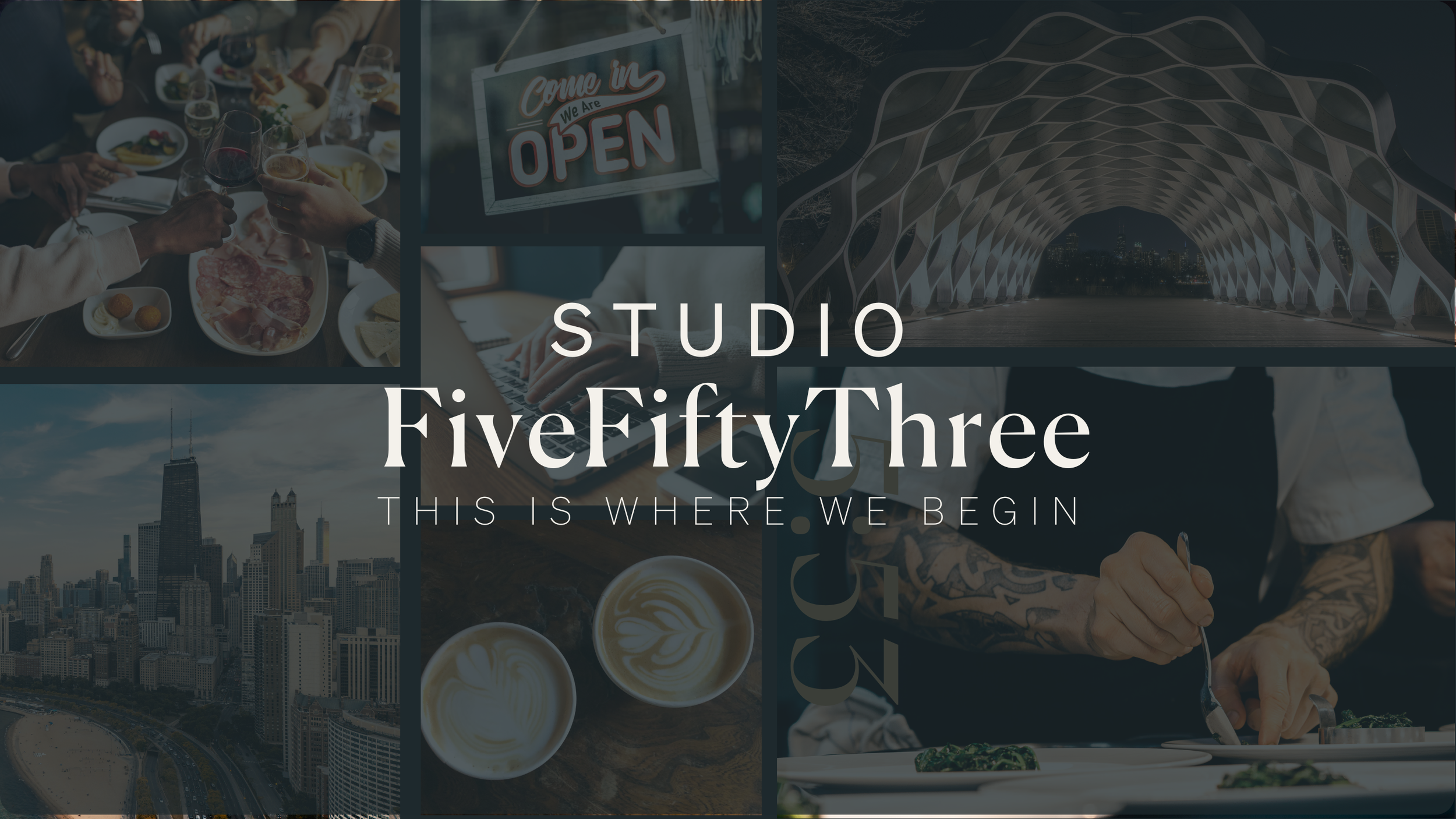 Home Page Hero Collage of Hospitality Photos and Studio FiveFiftyThree Logo