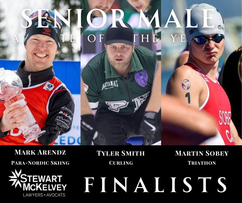 Photograph of three male athletes, each a finalist in a senior male category. From left to right: Mark Arendz holding a trophy, wearing para-nordic skiing gear; Tyler Smith in a green and black curling uniform, crouched with a focused expression; Mar