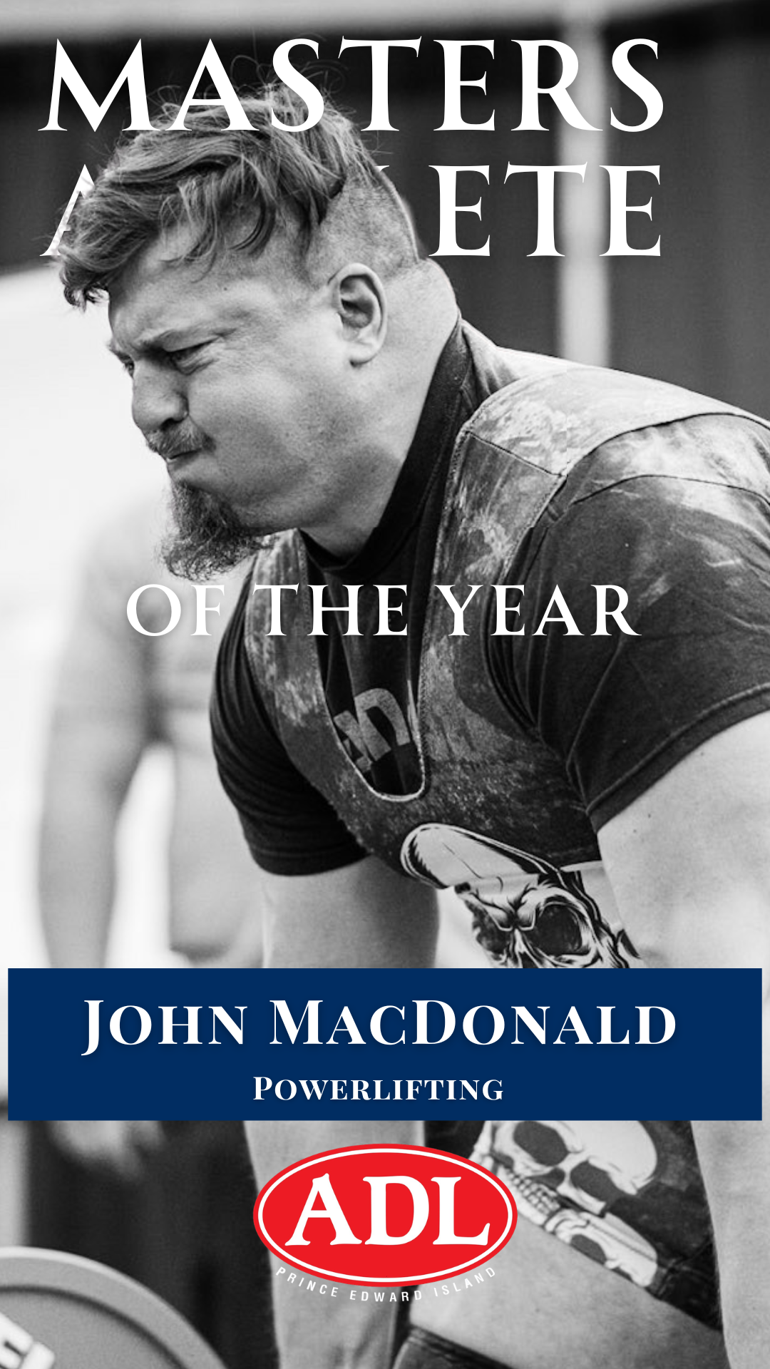 Book cover featuring a black-and-white photo of a man with a beard and styled hair, lifting weights in a gym. The title reads 'Masters of the Year,' and the author is John MacDonald, focusing on powerlifting. The ADL logo is at the bottom.